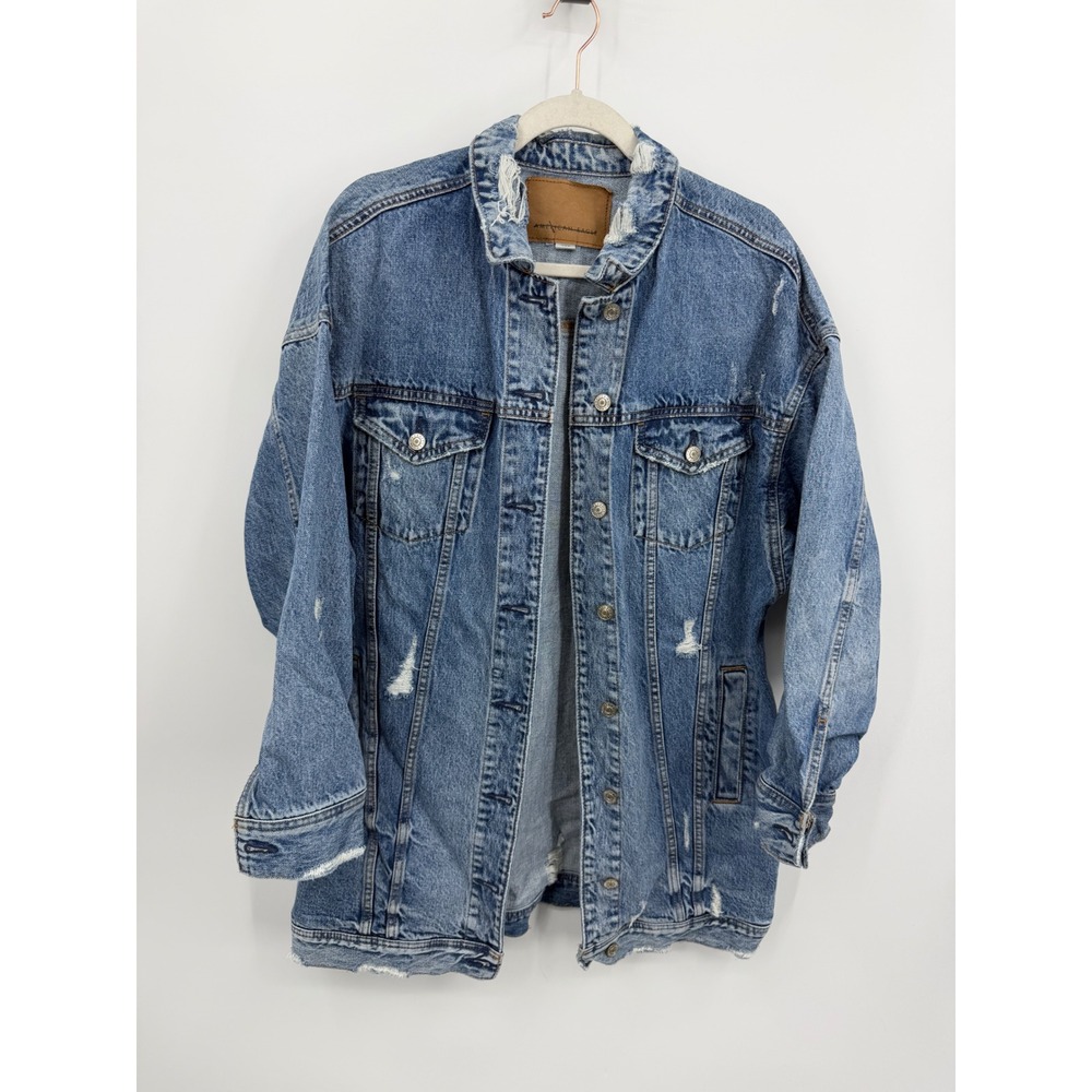 American Eagle Distressed Denim Jacket Womens M Blue Oversized Longline